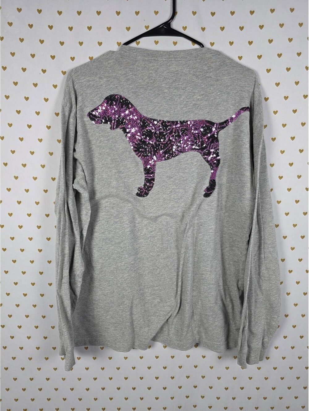 Victorias Secret PINK Bling Dog Logo Long sleeve Sequined Tee shirt Large